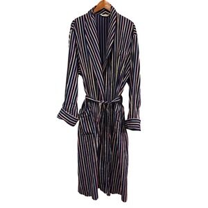 Derek Rose men's robe sleeping gown England cotton navy blue multi stripe OS/XL